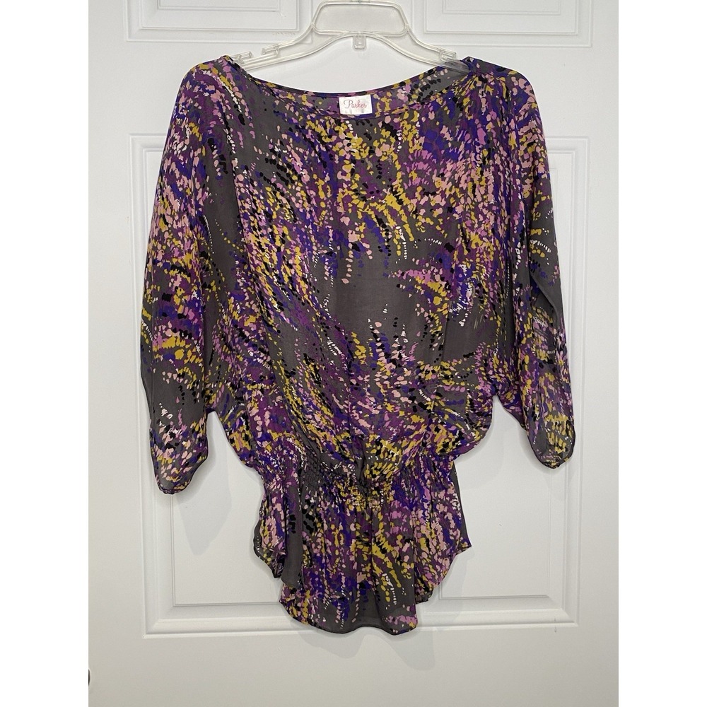 Parker Top Women's XS Multi Colored Print 1/2 Sleeve Peplum Smocked Blouse